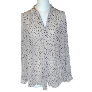 Hayden Pale Sheer Tan and Black Polka Dot Button Down Shirt Size Medium